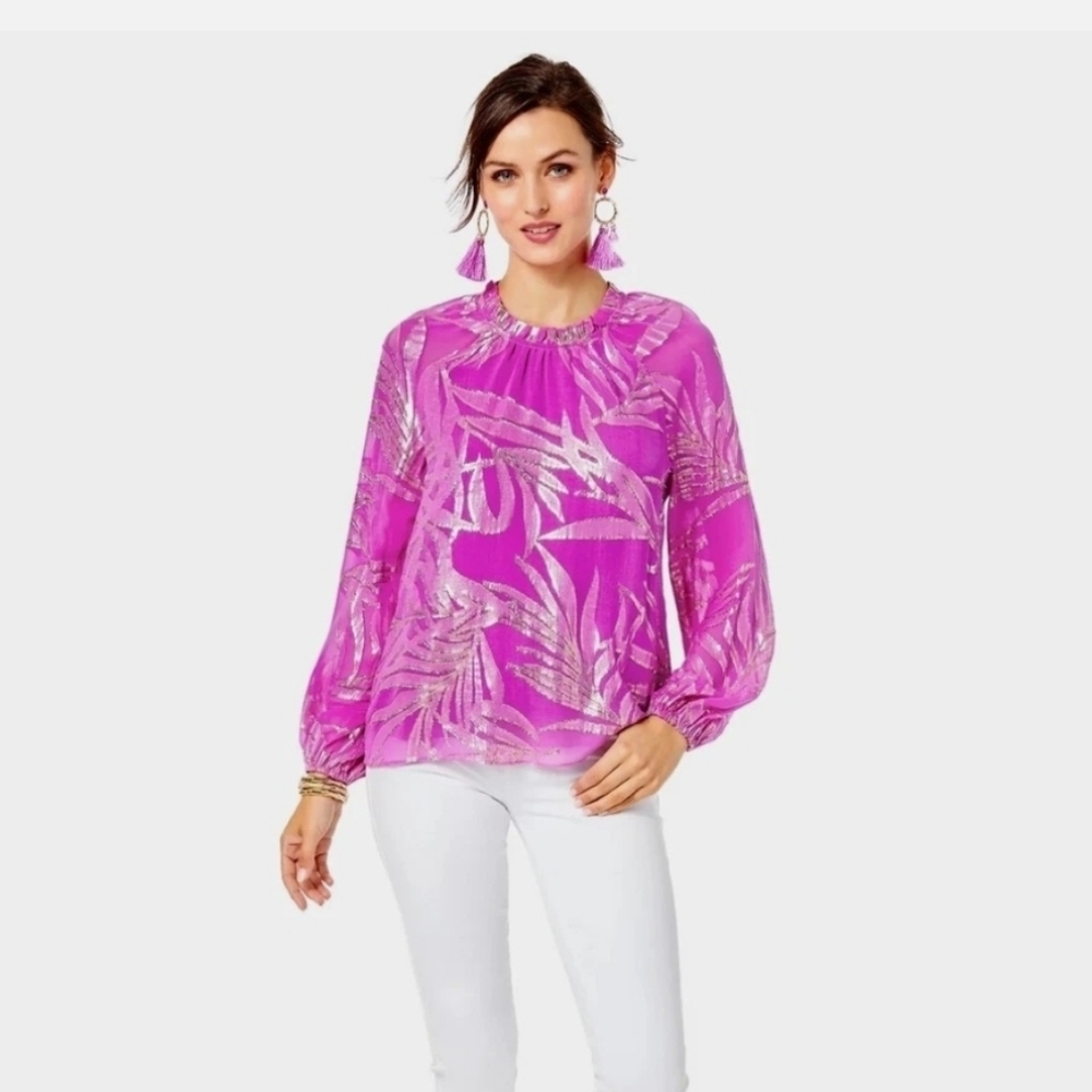 Lilly Pulitzer Caline Long Sleeve Silk Wild Fuchsia Metallic Leaf Print Blouse